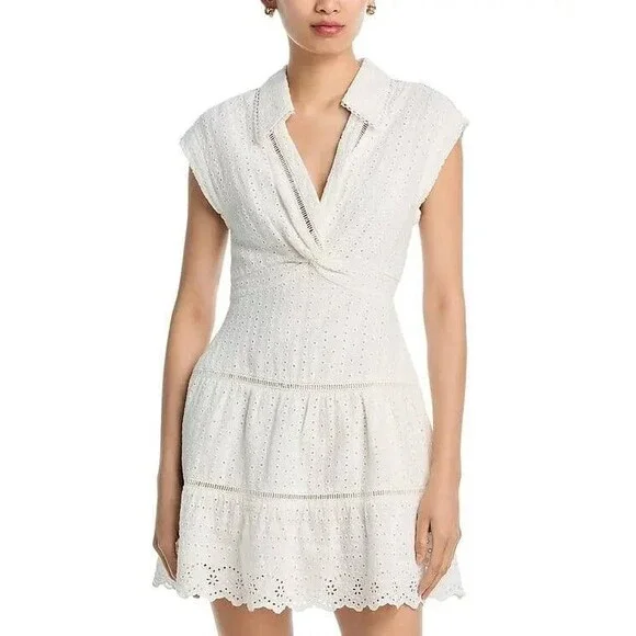 Alice + Olivia Mila Eyelet Deep V-Neck Mini Dress Off White Size 4 NWT - Picture 5 of 7